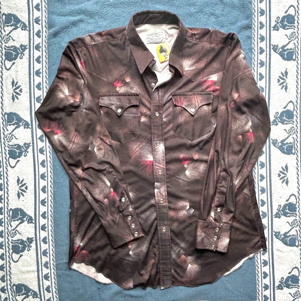 Vintage 1970s H Bar C Western Snap Shirt Long Tail Atomic Burst Pattern